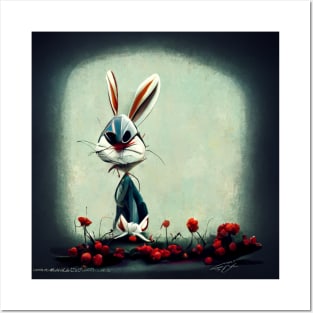 Cartoon sketched bunny rabbit looking less than pleased as he stands in the garden. Posters and Art